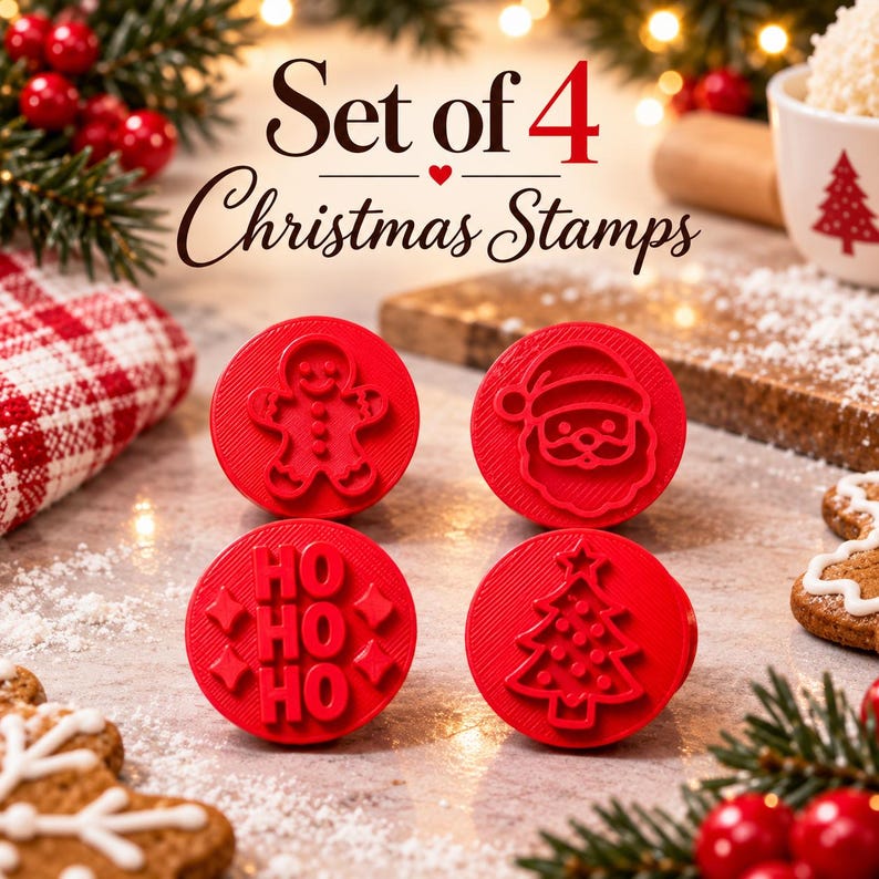 Set of four red Christmas cookie stamps with gingerbread man, Santa and tree