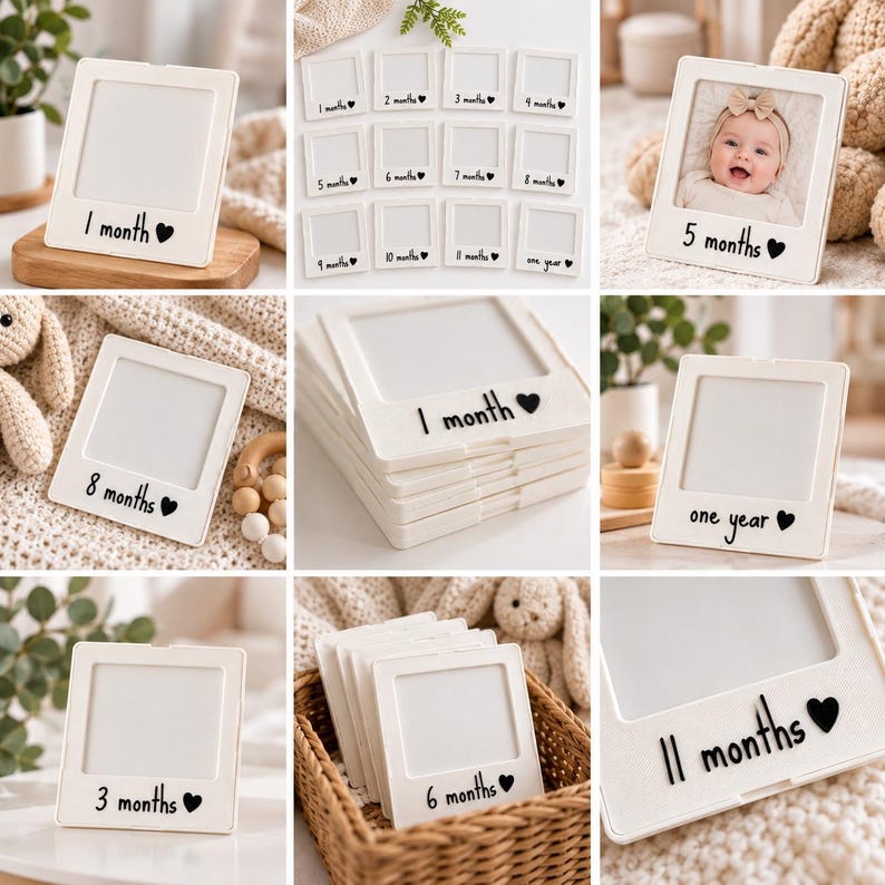 May include: A set of white square photo frames designed as milestone markers for infants. Each frame features a black text label indicating a specific age from 1 month to one year, accompanied by a small black heart icon at the bottom edge.