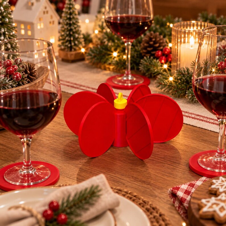May include: A bright red, multi-piece circular coaster set that assembles into a three-dimensional flower-like shape. The individual red circular coasters feature a central yellow connector piece, designed to stack or stand upright when not in use.