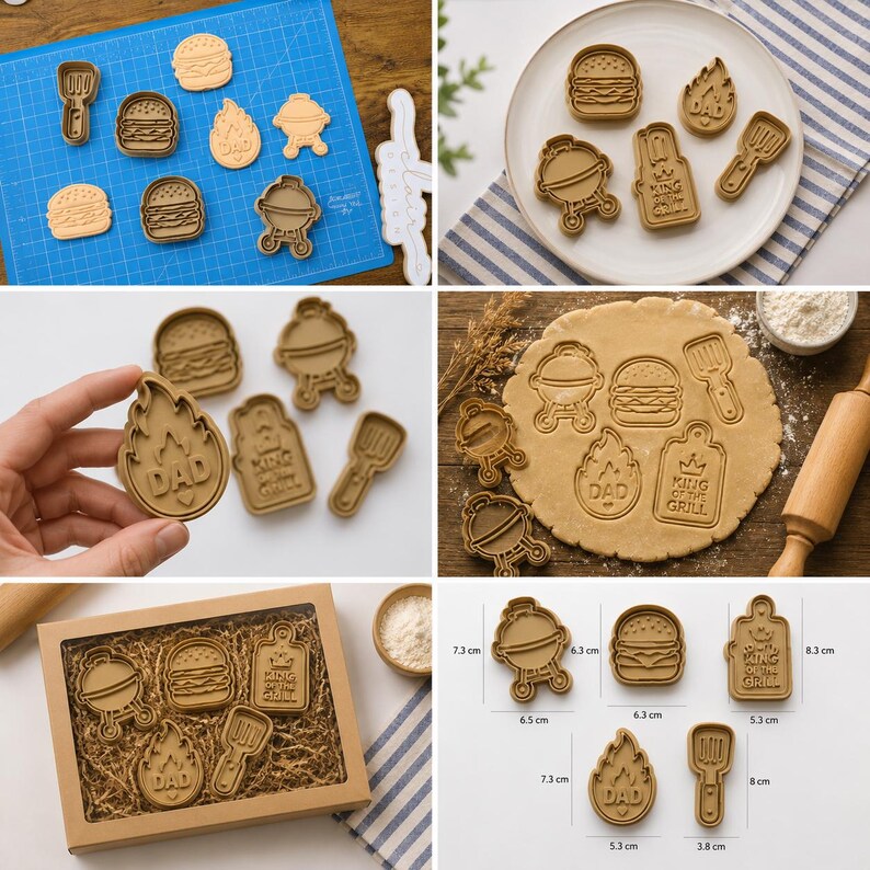 May include: A set of five tan cookie cutters featuring grill-themed shapes including a burger, a grill, a spatula, a flame with the text DAD, and a rectangular sign with the text KING OF THE GRILL. The set includes measurements in centimeters.