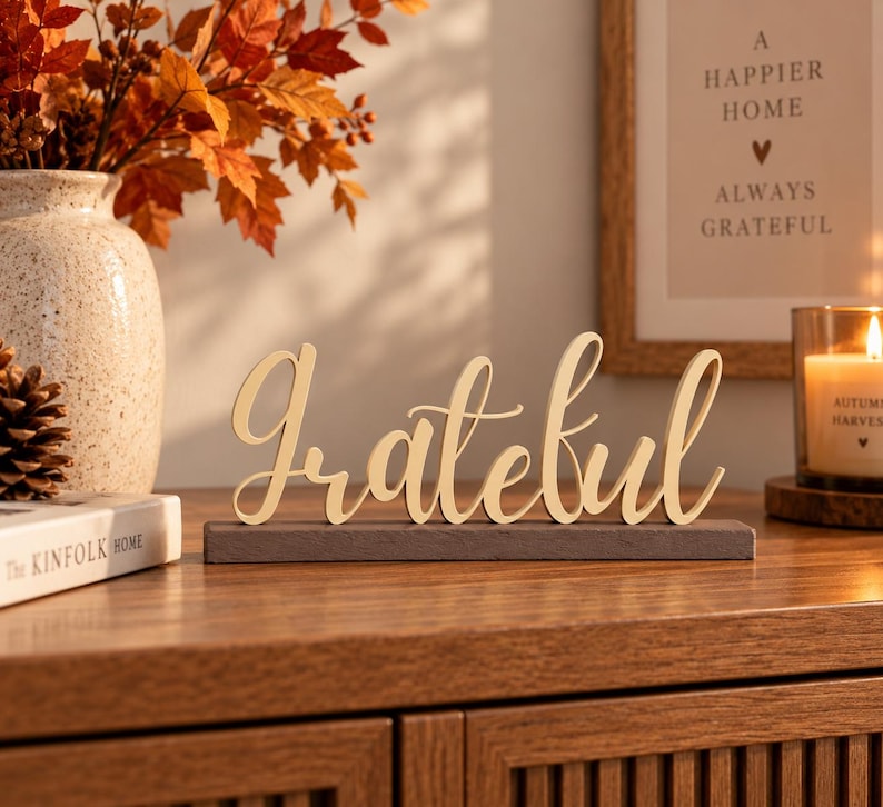 Grateful freestanding script sign on a sideboard with fall decor