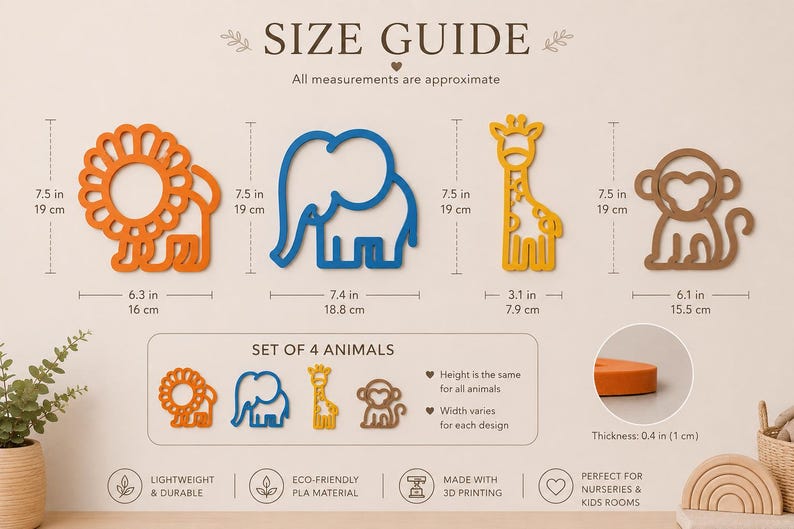 May include: A size guide displays four animal shapes: a lion, elephant, giraffe, and monkey. The lion is orange, the elephant is blue, the giraffe is yellow, and the monkey is brown. Each animal is 7.5 inches (19 cm) tall. The set is made with 3D printing.