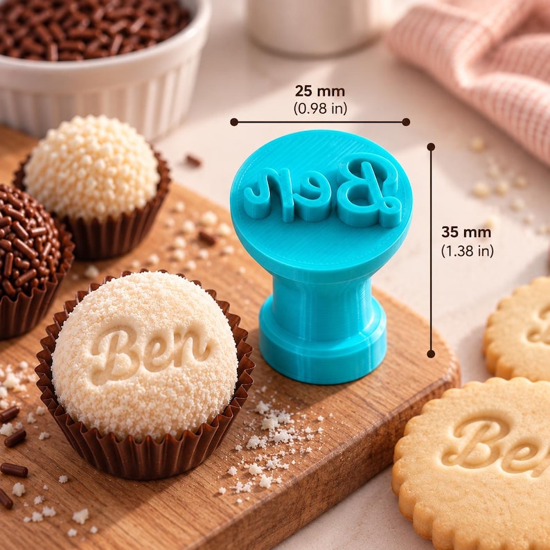 May include: A bright blue plastic stamp featuring the name Ben in raised script lettering. The stamp measures 0.98 inches in diameter and 1.38 inches in height. It is shown alongside a round confection and a cookie, both embossed with the name Ben.