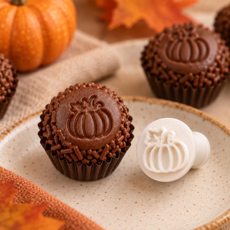 May include: A round chocolate truffle coated in brown sprinkles, featuring a stamped pumpkin design on top, placed in a dark brown paper liner next to a white plastic stamp tool with a matching pumpkin motif on a speckled plate.