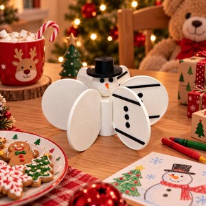 May include: A white wooden snowman ornament featuring a black top hat, a small orange carrot nose, and black button details on its circular body panels. The snowman has a central cylindrical core with four radiating white circular panels.