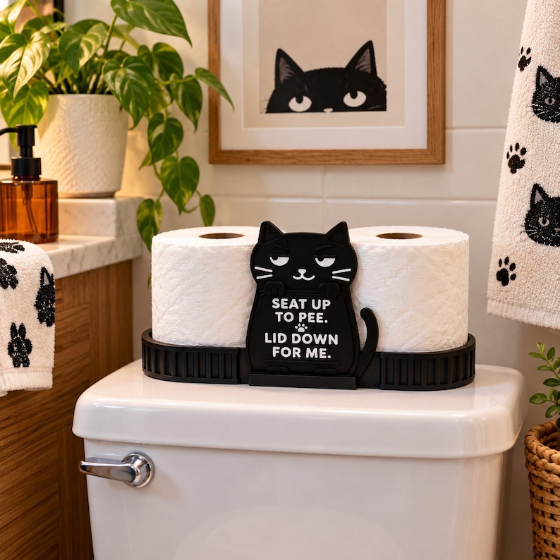 Black cat toilet tank tray holding two rolls of toilet paper on a toilet tank