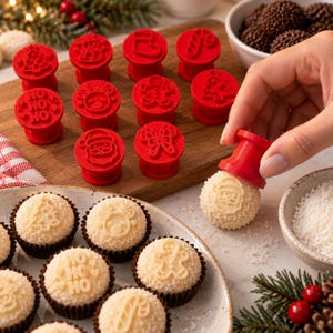 May include: A set of red plastic cookie stamps featuring various holiday designs including Santa Claus, a gingerbread man, a candy cane, a stocking, a Christmas tree, a reindeer, a bow, and the text HO HO HO, used to imprint patterns onto round treats.
