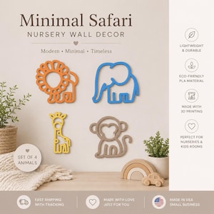 May include: Set of four Minimal Safari nursery wall decor animal shapes in orange, blue, yellow, and tan. The shapes include a lion, elephant, giraffe, and monkey. The text reads "Minimal Safari NURSERY WALL DECOR".