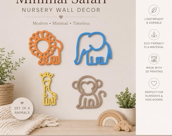 Safari Animal Nursery Wall Decor Set, Jungle Baby Room Art, Lion Elephant Giraffe Monkey, Gender Neutral 3D Printed Kids Decor