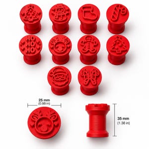 May include: A set of ten red circular cookie stamps featuring various holiday designs including a Christmas tree, snowman, stocking, candy cane, Ho Ho Ho text, reindeer, gingerbread man, and Santa Claus. Each stamp measures 25 mm wide and 35 mm tall.