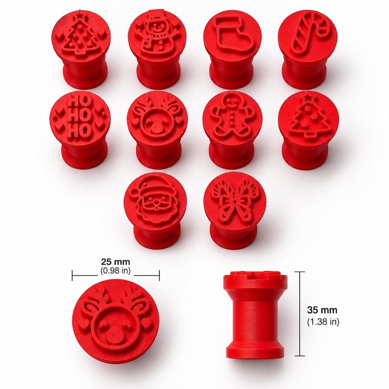 May include: A set of ten red circular cookie stamps featuring various holiday designs including a Christmas tree, snowman, stocking, candy cane, Ho Ho Ho text, reindeer, gingerbread man, and Santa Claus. Each stamp measures 25 mm wide and 35 mm tall.