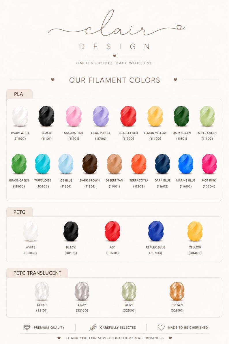 May include: A color chart displaying a variety of filament colors, including ivory white, black, sakura pink, and lemon yellow. The chart is organized by material type, with PLA, PETG, and PETG translucent options.
