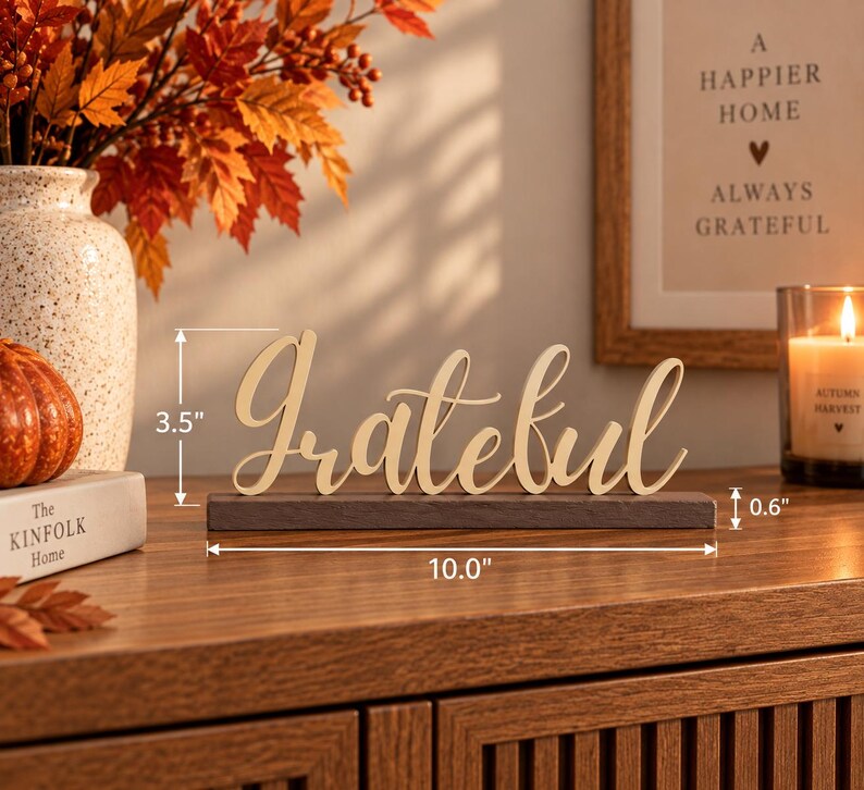 May include: A wooden tabletop sign featuring the word Grateful in a cursive script font, mounted on a dark rectangular base. The sign measures 3.5 inches in height, 10.0 inches in length, and the base has a thickness of 0.6 inches.