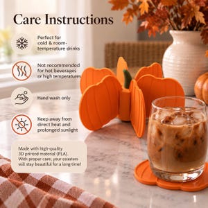 May include: An orange pumpkin-shaped coaster set made of 3D printed PLA material. The set includes a vertical holder and individual coasters. Text includes Care Instructions, cold and room-temperature drinks, hand wash only, and keep away from heat.