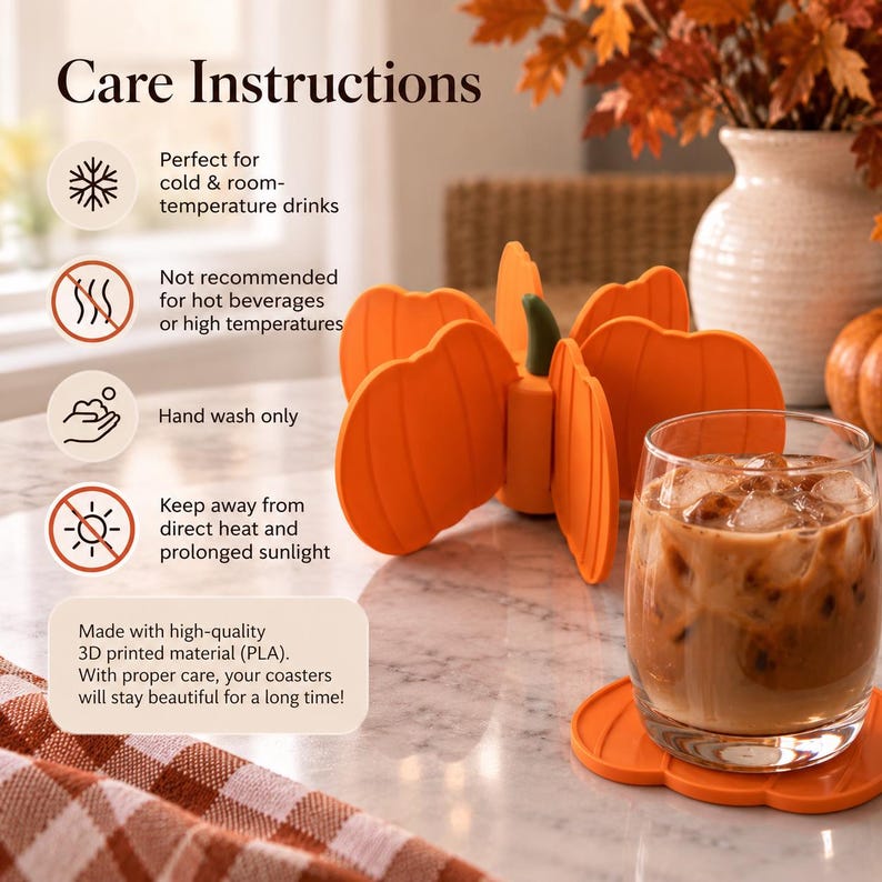 May include: An orange pumpkin-shaped coaster set made of 3D printed PLA material. The set includes a vertical holder and individual coasters. Text includes Care Instructions, cold and room-temperature drinks, hand wash only, and keep away from heat.