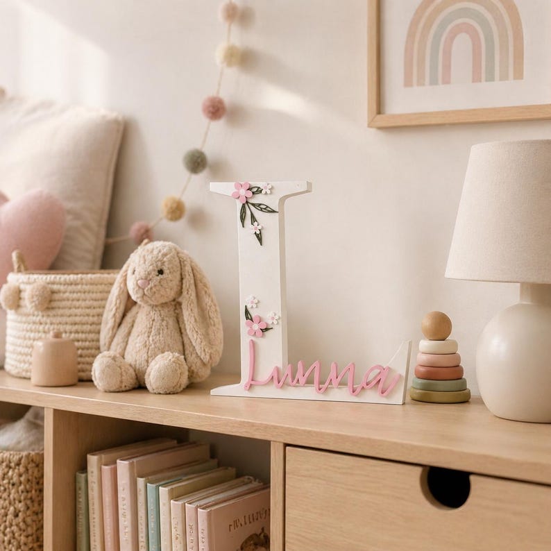 May include: A white wooden letter "I" adorned with pink flowers and green leaves. The name "Imma" is written in pink script below the letter. The letter is displayed on a wooden shelf with a stuffed bunny and other decorative items.