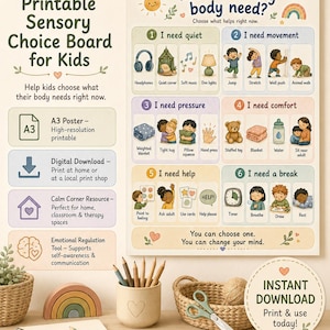 Könnte beinhalten: Druckbare sensorische Auswahltafel für Kinder, mit Illustrationen von Aktivitäten und Gegenständen, um ihre Bedürfnisse zu identifizieren. Enthält Abschnitte für Ruhe, Bewegung, Druck, Komfort, Hilfe und Pausen. Digitaler Download.