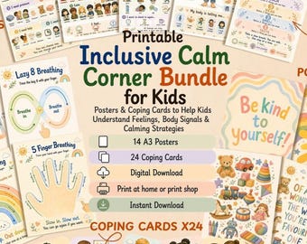 Inclusive Calm Corner Bundle for Kids Printable|Emotional Regulation Posters & Coping Skills Cards|Feelings Chart|Sensory Choice Board
