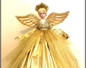 Gold Tree Top Christmas Angel Holiday Topper Decoration Porcelain In Gown Blonde Treetop Gold Tree Top Christmas Angel Holiday Topper Decoration Porcelain In Gown Blonde Treetop