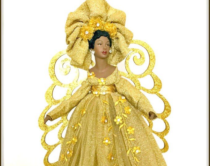 LARGE 19 Inch OOAK GOLD Christmas Angel Tree Topper, Large Black Angel