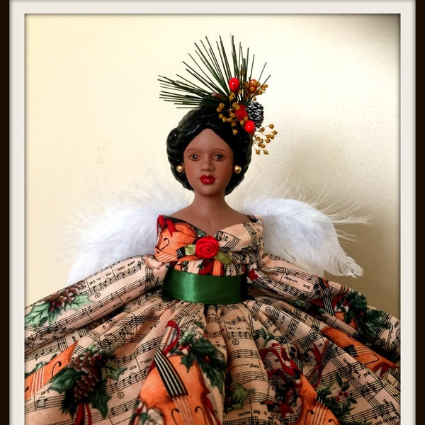 Christmas Angel Tree Topper Porcelain Music Themed OOAK African American Angel