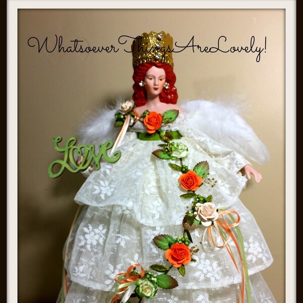 Red Haired Angel Tree Topper, Christmas Angel Tree Top, Queen of Love Angel, Handmade OOAK Holiday Angel Doll