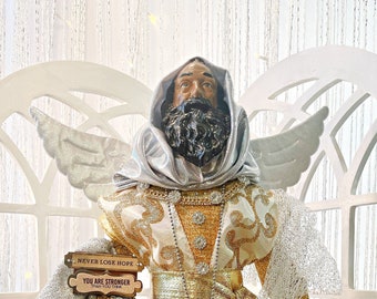 Gift For Father's Day Male Angel African American Gold and Silver Messenger Angel 20 Inch Home Office Decor or Christmas Holiday Decoration