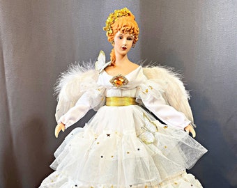 Christmas Angel Tree Top, Large Victorian Holiday Angel, Handmade Tree Topper, Mantle Sized Angel in White and Gold Ruffled Gown Butterflies