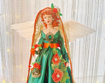 Whimsical Red Haired Angel Tree Topper - Irish Inspired Holiday Decor, Angel For Mother's Day, Christmas Mantle Sized Angel 18 Inches Tall