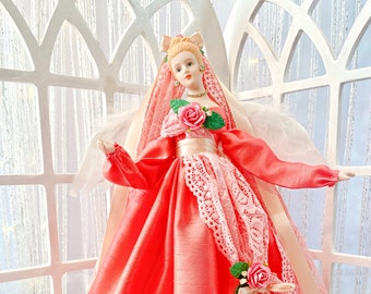 Handmade Christmas Angel Tree Topper: Melon Crepe Gown, Rhinestone Details