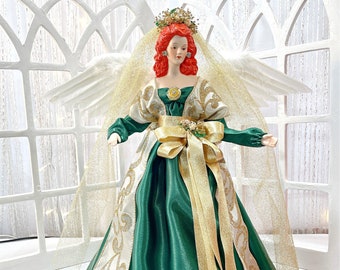 RED HAIRED Angel Treetopper For Christmas, A Handmade One of a Kind Holiday Tree Topper Dressed in Green Satin, Home or Office Decoration