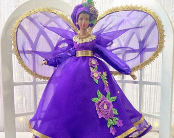 Purple and Gold African American Christmas Angel, Black Angel Home and Office Decor, 18 inch Holiday Treetopper For The Tree, Gift For Her