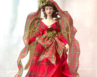 Handcrafted Tartan Christmas Angel Tree Topper: Brown Hair, Red Plaid Holiday Decor