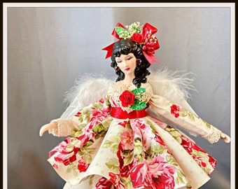 Latina Angel Of Roses, Dark Haired Angel Tree Topper, Mother's Day Gift Angel, Handmade Holiday Hispanic Inspired Angels, Gift For Granny