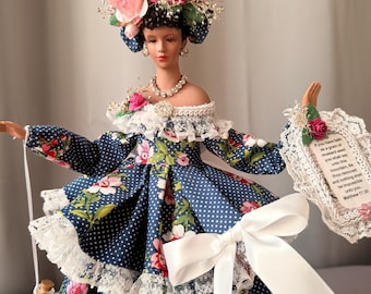 Mustard Seed Faith African American Handcrafted Church Lady Doll Collectible Heirloom Blue Floral Dress