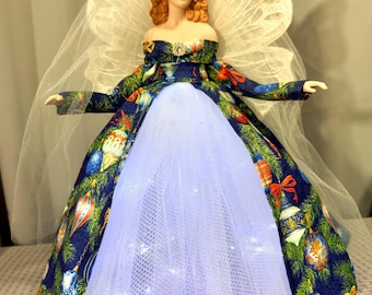 Christmas Angel Tree Topper Lighted Blue Ornament Gown Handcrafted One of a Kind Holiday Treetop