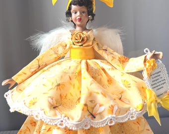 African American Angel Tree Topper Yellow with Dragonflies and Flowers On Her Dress