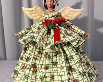 Christmas Angel Tree Topper Dressed in A Holly and Berry Print Gown 12 Inch African American