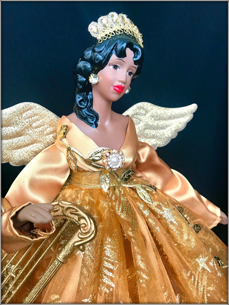 One of a Kind Angel Christmas Angel For The Tree Gold African American Christmas Angel Treetopper Black Holiday Angel Treetop Handmade