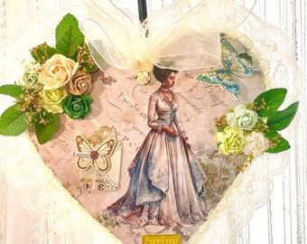 Wall Art Victorian African American Woman, Decoupaged Wooden Heart Wall Hanging, Mixed Media Home Gift For Her On Mother's Day