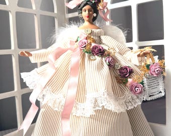 Christmas Angel African American Holiday Angel Tree Topper Taupe and Pink Home Decor