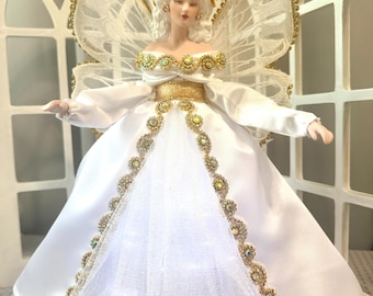 Christmas Angel Tree Topper Lighted White and Gown Handcrafted One of a Kind Holiday Treetop