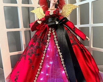 Lighted Asian Inspired Christmas Angel Tree Topper Red and Black OOAK Handcrafted Holiday Treetop Angel