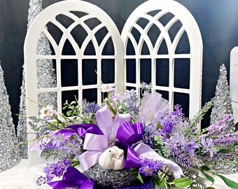 Purple Floral Centerpiece: Silver Nest with Doves Handcrafted