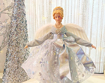 Handmade Silver Angel Christmas Tree Topper: Snowflake Organza Gown