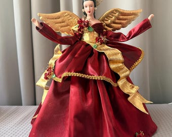 Christmas Angel Tree Topper With Dark Hair and Burgundy Cranberry Gown