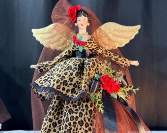 Cheetah Print Angel OOAK Handmade Angel Home Decor Christmas Holiday Treetopper