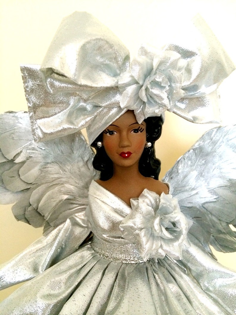 Silver Christmas Angel Tree Topper African American OOAK