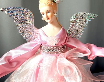 Pink Angel Christmas Tree Topper: Victorian Lace Satin Doll, Holiday Decor