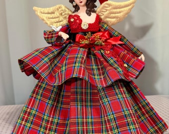 Red Tartan Like Christmas Angel Tree Topper Dark Hair Handcrafted Plaid Treetop